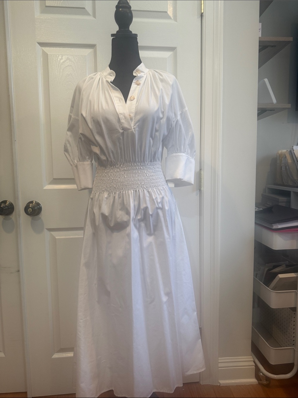 Anna Quan White Smocked-Waist Midi Dress